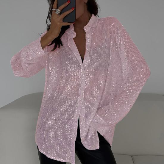 Женская рубашка с лацканами, длинным рукавом и блестящими пайетками, топы, свободного кроя, на скрытых пуговицах, рубашка-кардиган, одежда для вечеринок в ночном клубе