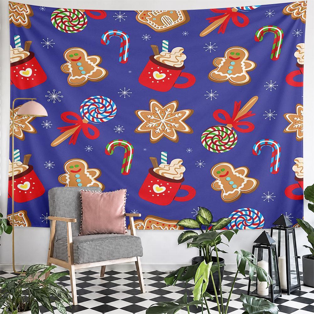 Blue Hot Cocoa Gingerbread Tapestry Wall Hanging Christmas Drink Decor for Bedroom Living Room Winter Gift