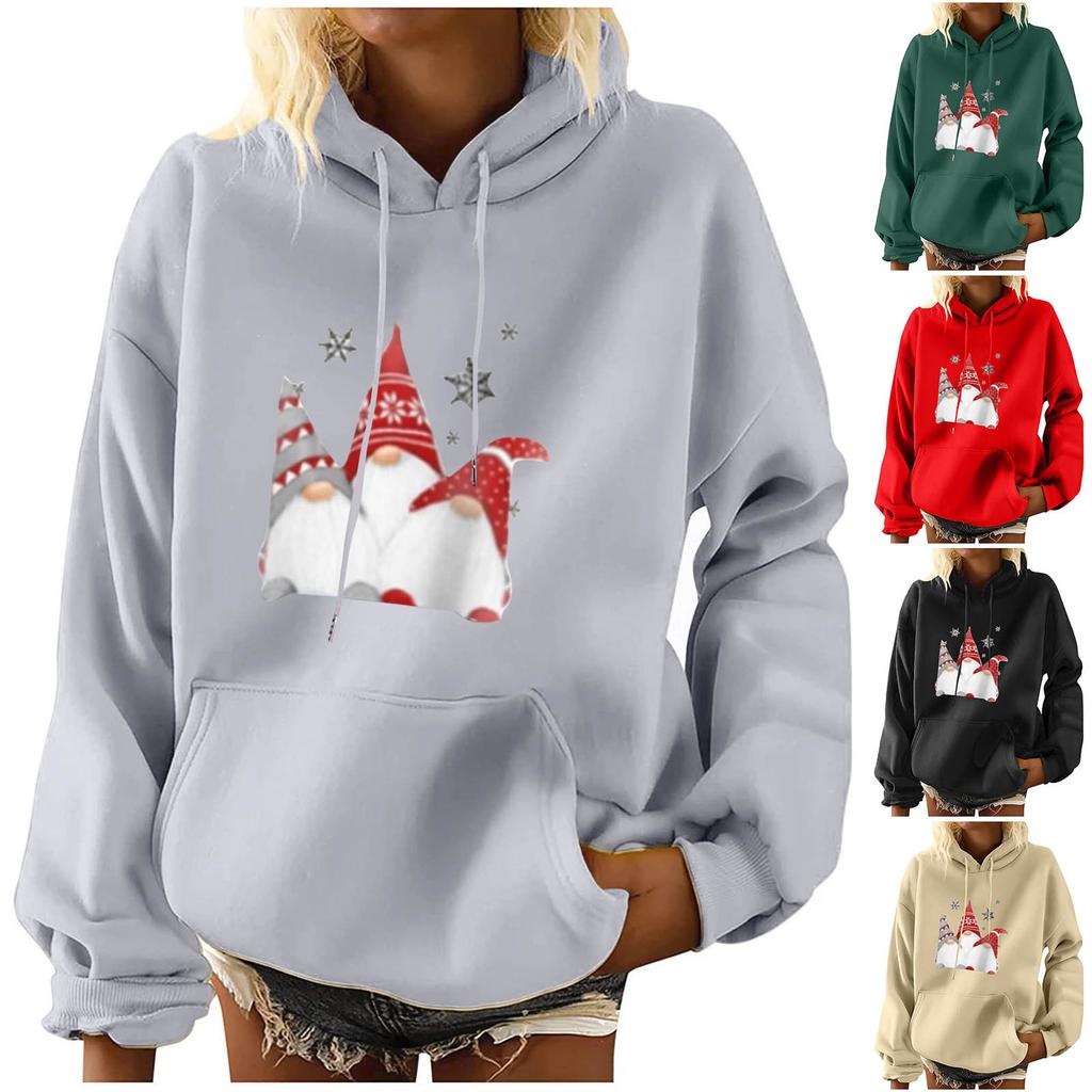 Женская мода для отдыха, рождественской вечеринки, пуловер с длинными рукавами и капюшоном с принтом, топ