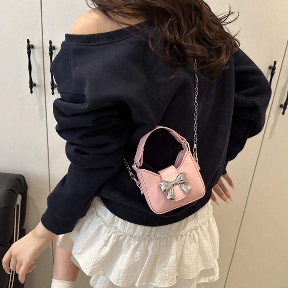 Pu Leather Bow Buckle PU Bag Mini Women's Shoulder Bag Simple Silver Bucket Bag Women