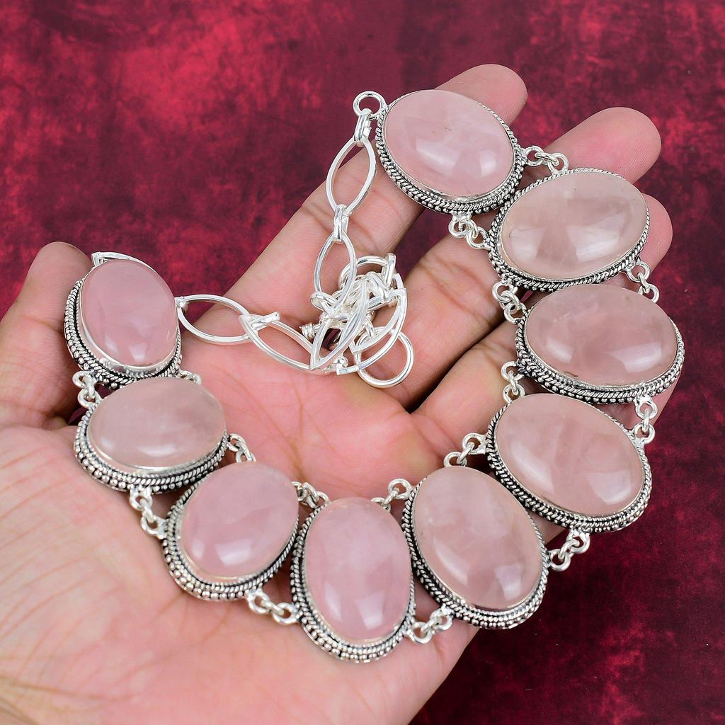 Rose Quartz 925 Solid Sterling Silver Bracelet & Necklace Jewelry Set, Beautiful Handmade Gemstone Jewelry Set, Adjustable Chain Jewelry for Her