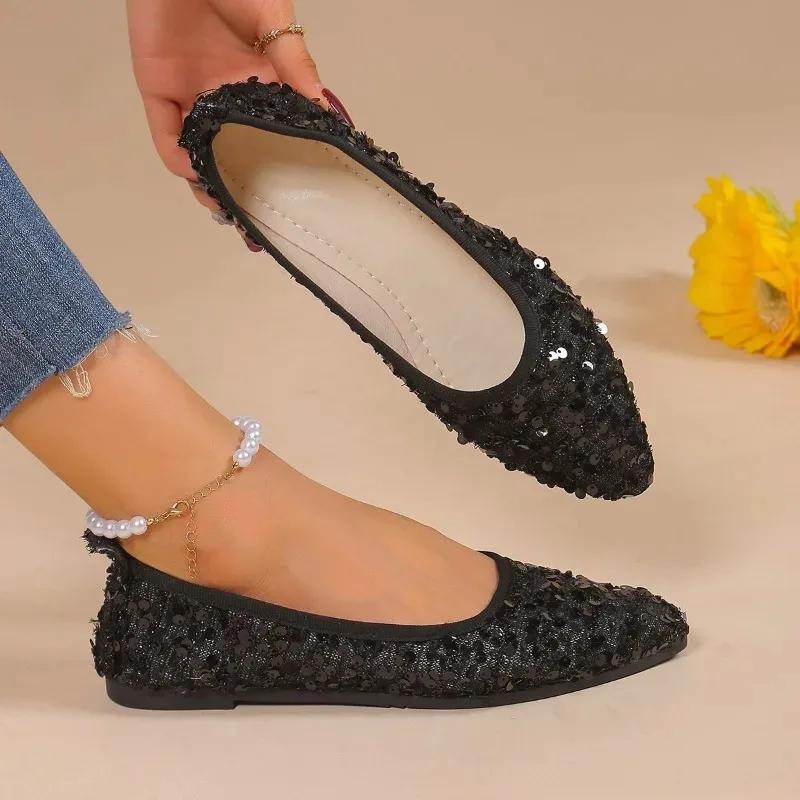 Fashion 2024 Hot Sale Women's Shoes Shallow Women's Flats Fashion Sequins Casual Flat Shoes Sexy Pointed Toe Plus Size Flat Low Heels