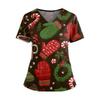 Women's Christmas Print V-Neck Double Pocket Short Sleeves Hem Slit Uniform And Caregiver Top