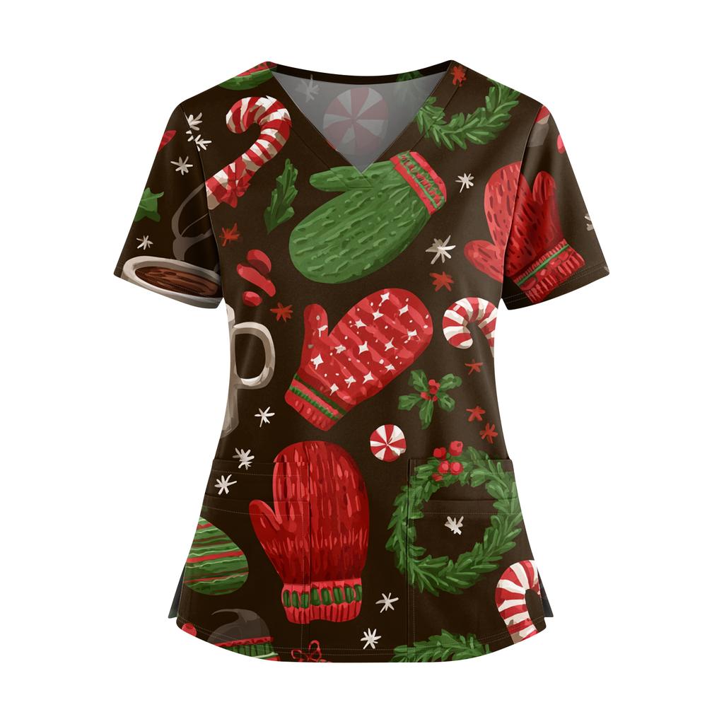 Women's Christmas Print V-Neck Double Pocket Short Sleeves Hem Slit Uniform And Caregiver Top