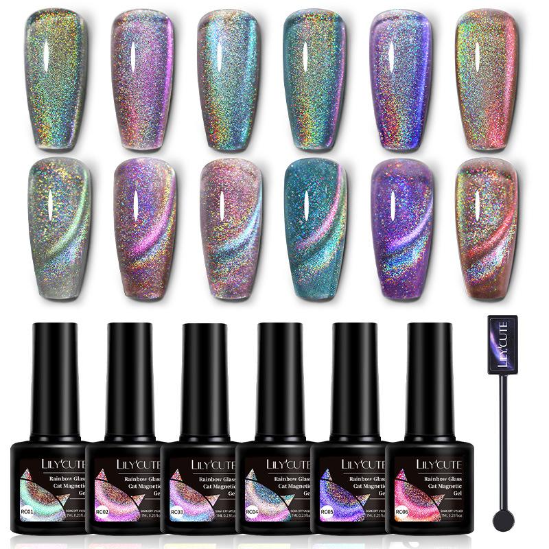 LILY'CUTE Colorful Cat Eye Gel Polish Set 7-Color Laser Flash Diamond Cat Eye Nail Gel Kit