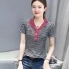Pure Polo Shirt, Short-sleeved T-shirt, Women's Striped New Half-open Collar Contrasting Color Slim and Versatile Top