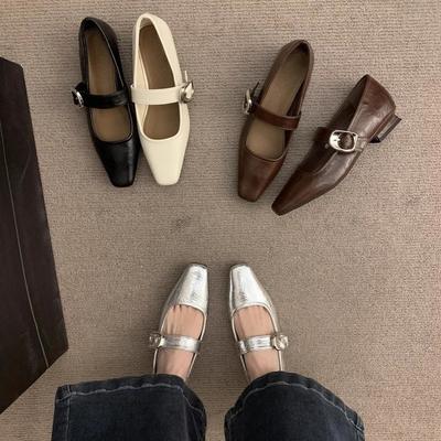 Туфли Мэри Джейн на толстом каблуке серебристые женские туфли весна и осень 2025 новые с открытым вырезом с французским вечерним темпераментом одинарные туфли