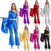 Womens 60 70s Disco Costume Hippie Outfits Halloween Carnival Party Hip-hop Dance Costumes Shiny Metallic Bodysuit Jumpsuit