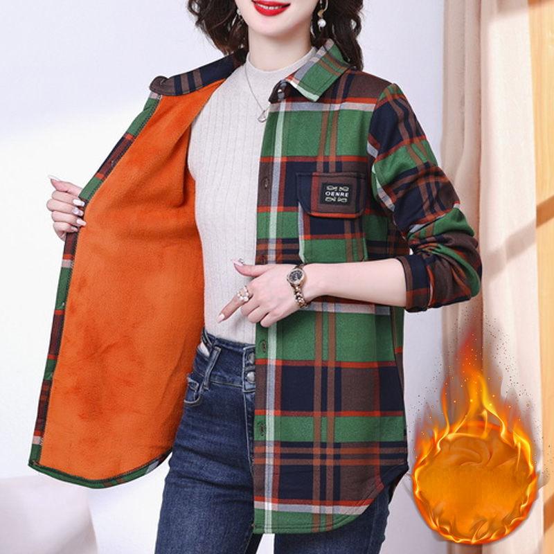 Шикарная женская рубашка с длинным рукавом в клетку — уютная утолщенная ткань, воротник-поло, идеально подходит для осеннего и зимнего гардероба