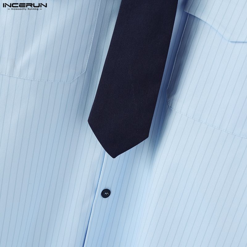 INCERUN Мужские рубашки оверсайз с лацканами, завязками, длинными рукавами, пуговицами, вышивкой, повседневные, в полоску