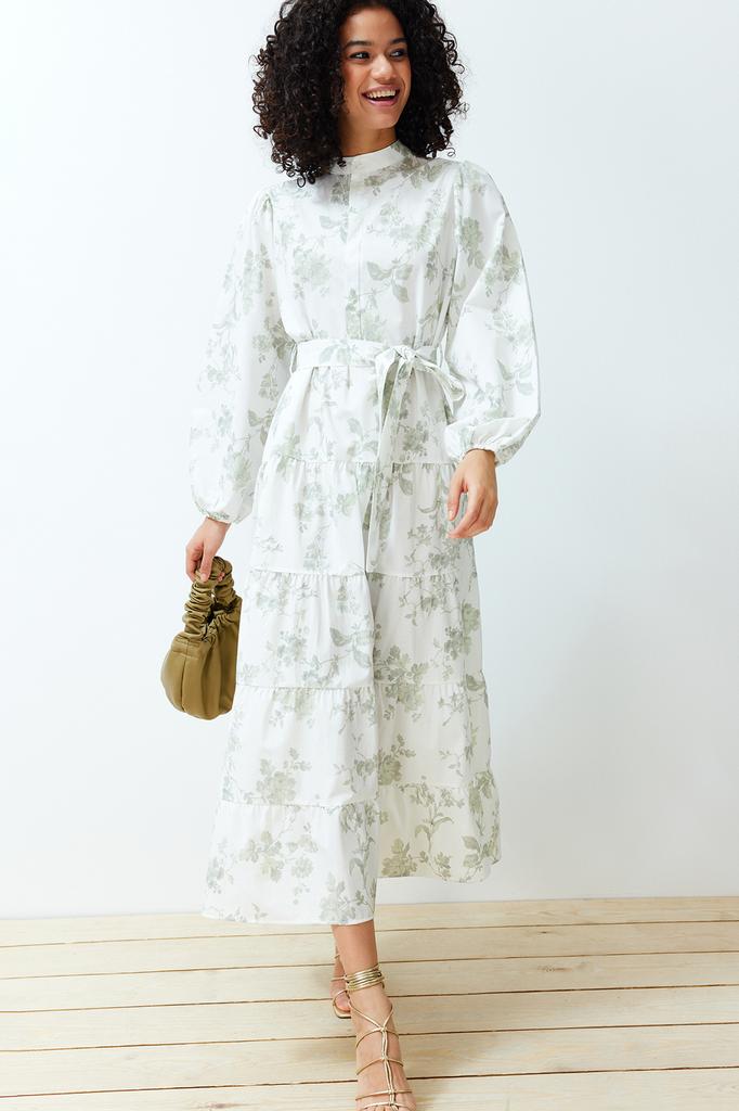 Women's Fashion New Hijab Dress Ecru High Collar Floral Belted Poplin Woven Dress