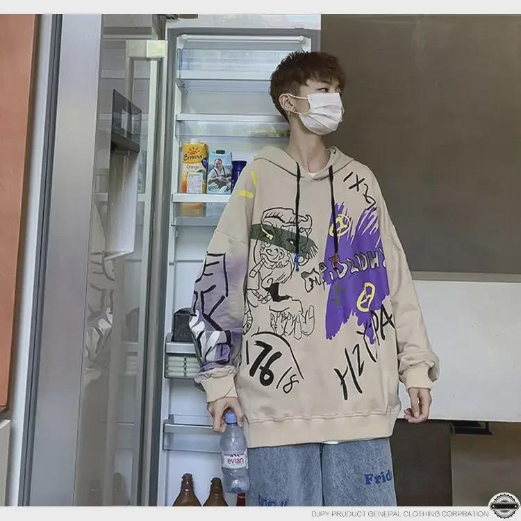 Осень 2024 г. Мужской повседневный свитер с капюшоном в стиле Гонконга с принтом в стиле хип-хоп больших размеров