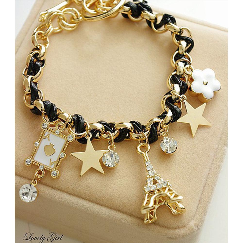 Multielement Gold Chain Leather Rope Crystal Handmade Bracelet Eiffel Tower Star Pendant