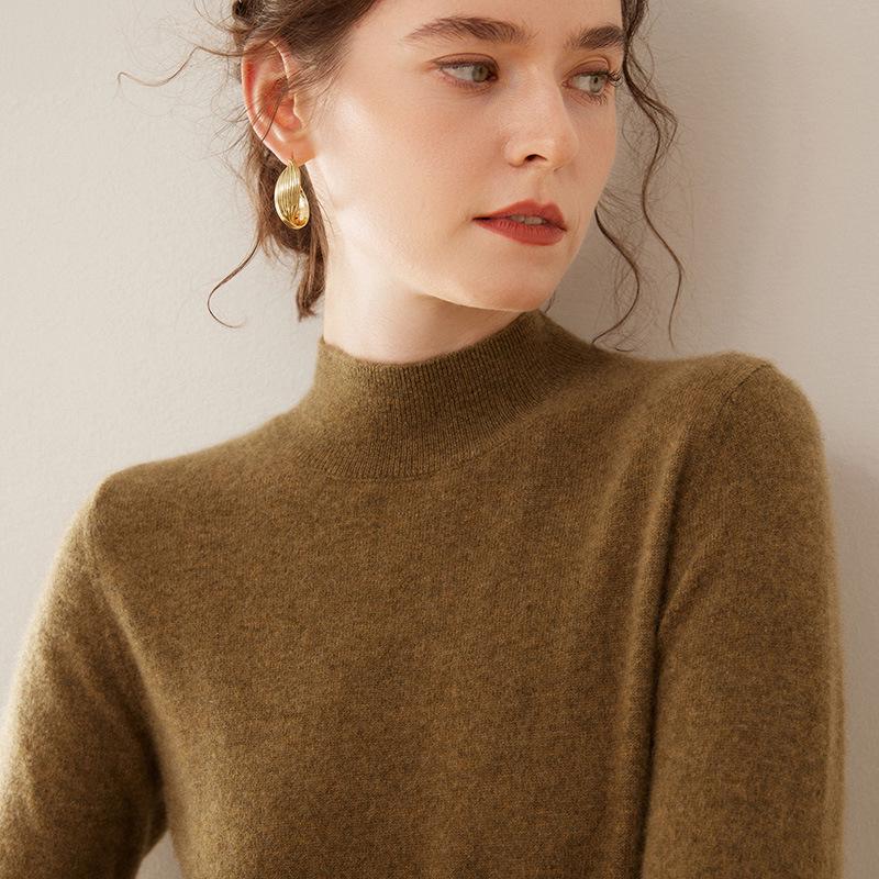 Women's Half-High Neck Cashmere Knit Sweater - Versatile, Warm, Loose Fit Pullover