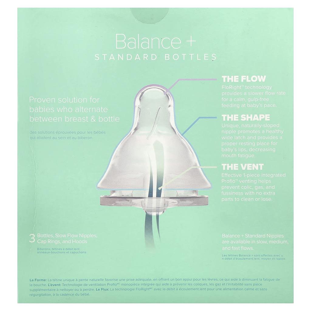 Evenflo Feeding Бутылочка Balance+, Стандартная, 0+ месяцев, Медленный поток, 3 бутылочки, 270 мл (9 унций) Каждый
