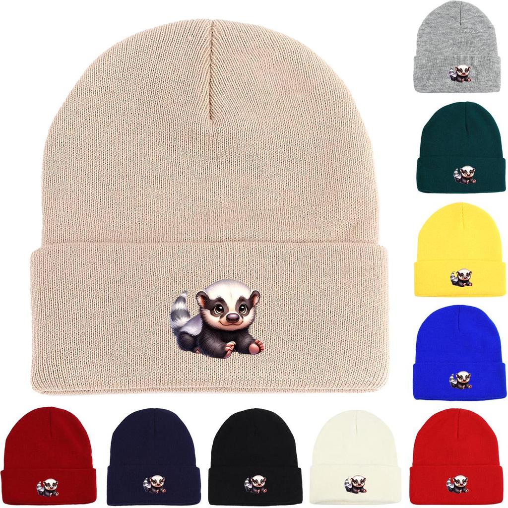 White Head Badger Print Knitted Cap Beanie, Animal Skull Cap Cuff Fit Stylish Bobble Hat Knit Hat Beanie