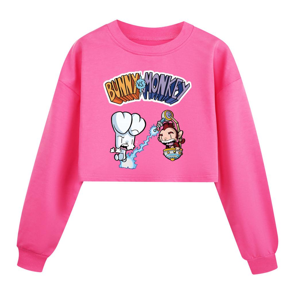 4187 Kids Girls Bunny Monkey Printed Casual Long Sleeves Short Style Sweatshirt