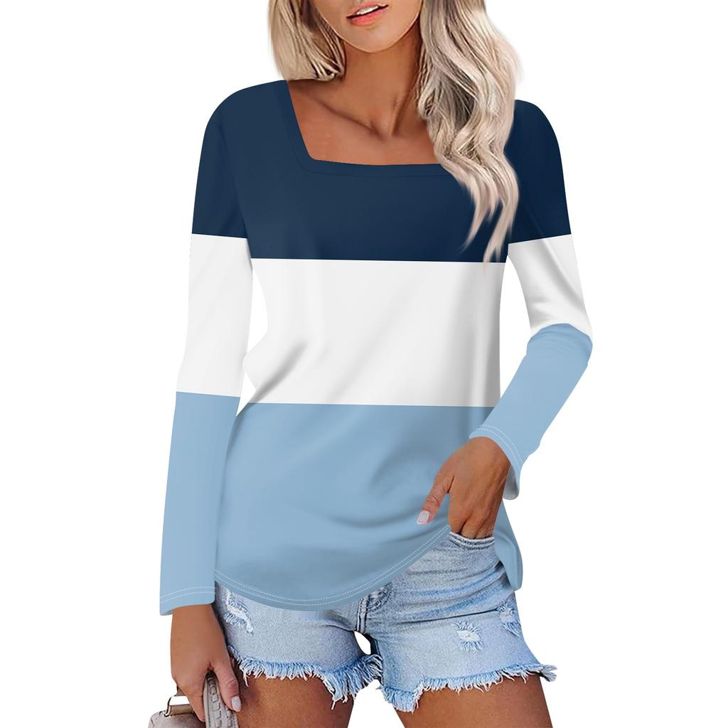 Рубашка для женщин, модная повседневная свободная футболка с квадратным вырезом и длинным рукавом с принтом, женский топ