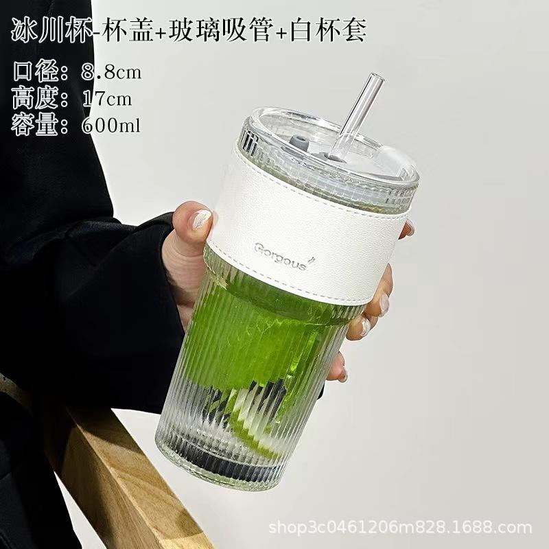 1 PC 610ml Stripe Glass Cup Transparent Glasses With Lid and Straw Ice Coffee Mug Tea Cup Juice Glass Milk Water Cup Drinkware