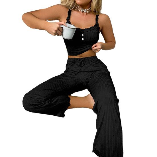 2 Pcs/Set Pants Top Suit Low-cut V Neck Sleeveless Solid Color Shirring Drawstring High Elastic Waist Lace Women Summer Pajamas Set Homewear