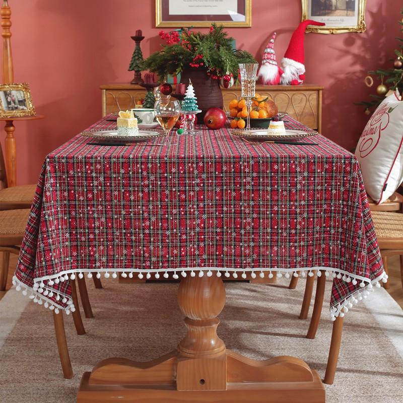 Festive Christmas Tablecloth With Gold Thread Red Plaid Tassels Decor Cotton Blend Rectangular Dining Table