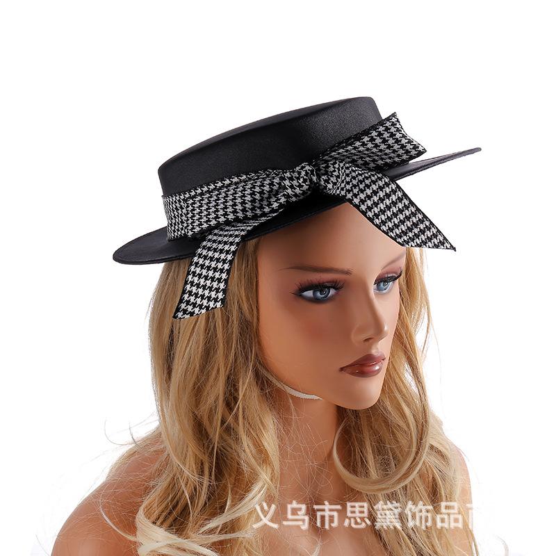 Европейский и американский стиль однотонная шляпа-федора с бантом imitation hemp hairpin top hat Xiaoxiangfeng Qiandongge bow top hat female