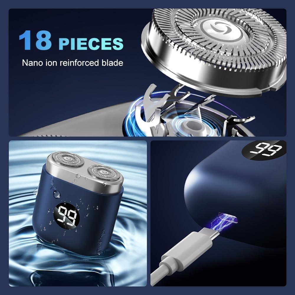 New mini dual-head electric shaver, brand new lightweight waterproof shaver, rechargeable shaver with USB-C port, with battery display (blue)