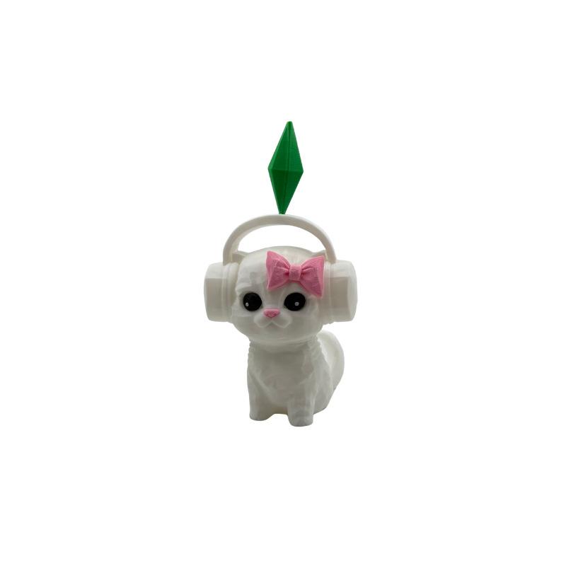 3D-печатная фигурка кота Sim-S с наушниками и декором Plumbob - Милая геометрическая статуэтка котенка, Декор для домашнего стола, Кавайные акценты, Подарок