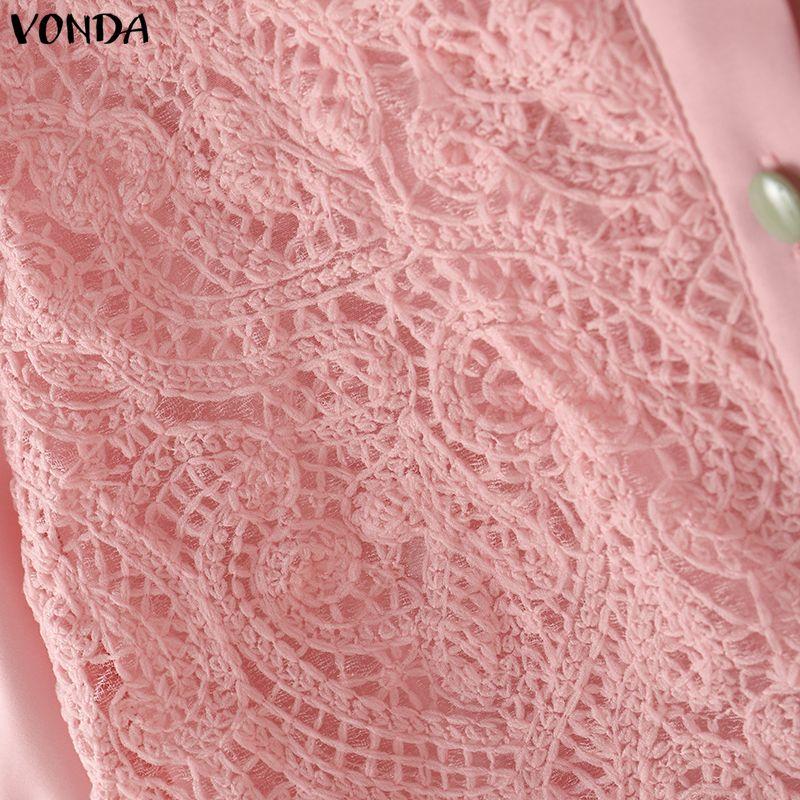 VONDA Женские повседневные блузки-топы с коротким рукавом, кружевом спереди, вязаные крючком, с оборками