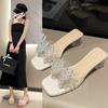 Women Crystal Chunky Sandals New Summer Sexy Fashion Bows Shining Open Toe Sandals Women Design Outdoor High-heeled Slippers