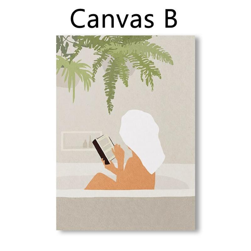 Leisure Life Bohemia Girl with Bed Champagne Sleep Tub Book Coffee Prints Wall Art Canvas Posters for Living Room Decor