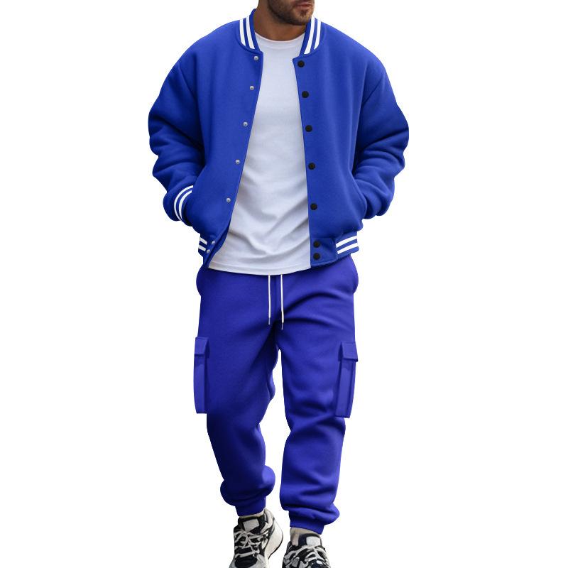 European and American Style Men's Spring Autumn 2 Piece Stand Collar Baseball Jacket and Long Pants Set Casual Outerwear Loose Sports Tracksuit