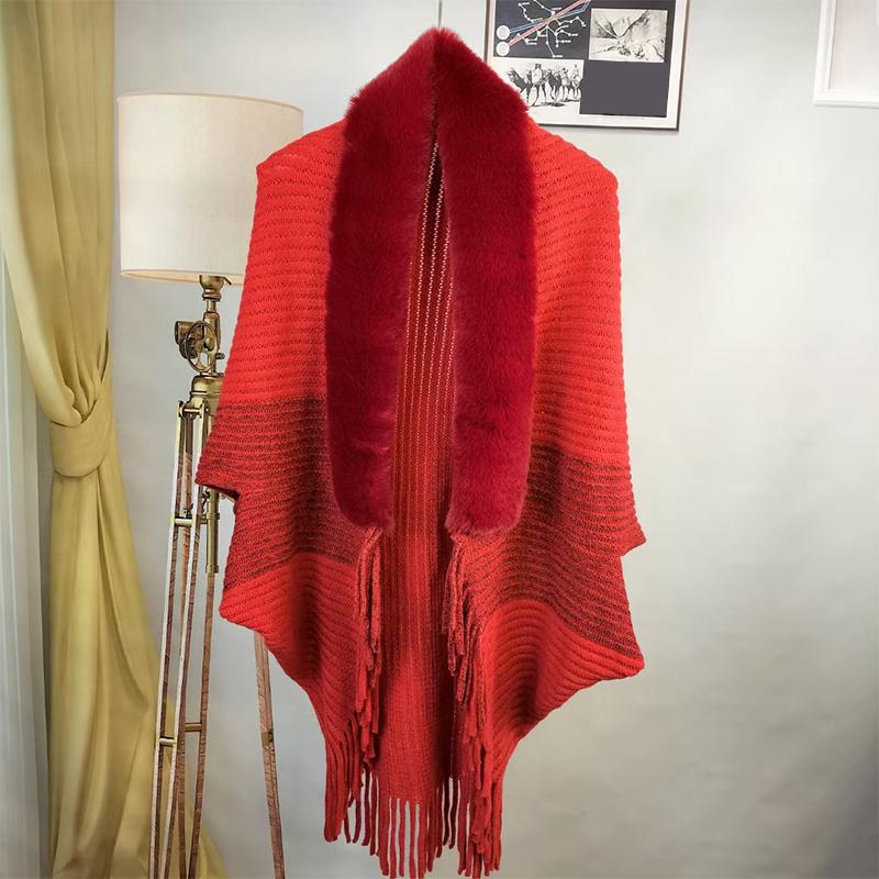 Winter Tassels Poncho Cloak Shawl Oversize Women Warm Faux Fur Collar Knit Cardigans Batwing Wraps Neck Fur Scarves Capes Coat