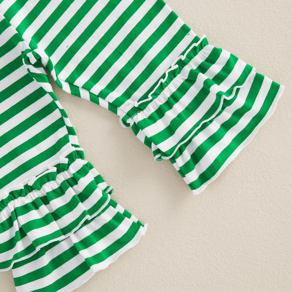 Toddler Girls Ruffled Set Four Leaf Clover Embroidered Long Sleeve Round Neck Tops Striped Long Pants 2-Piece Fall Outfits