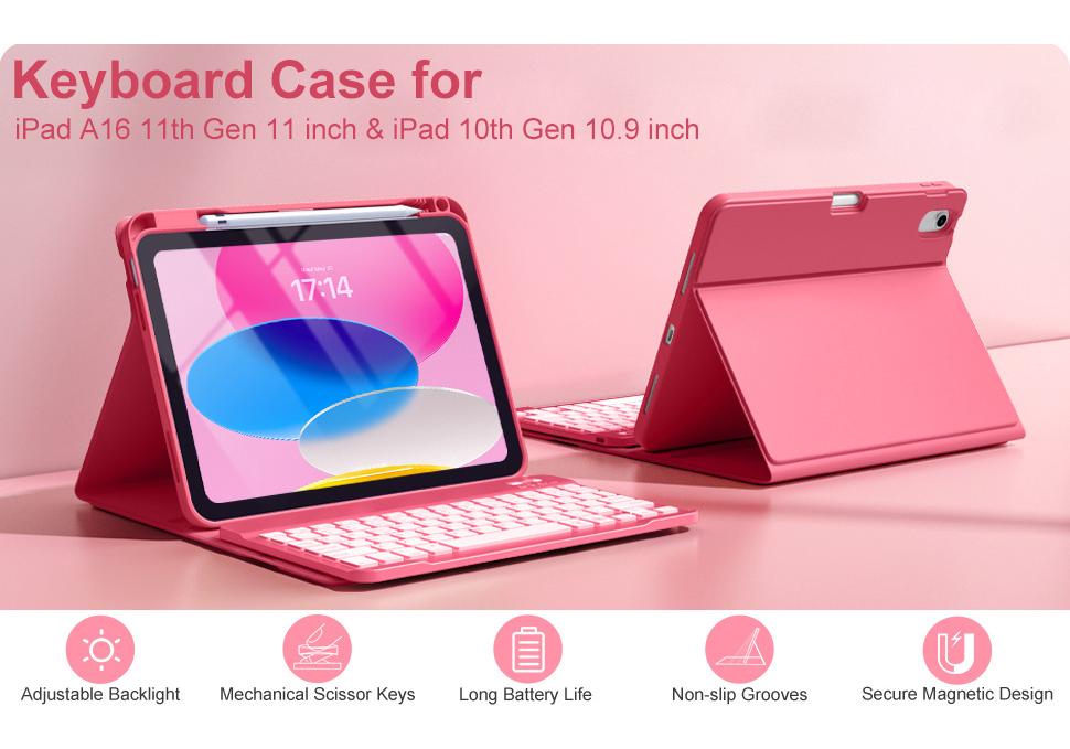 Чехол-клавиатура для iPad 10.9" 11-го поколения с 7-цветной подсветкой, Магнитное крепление, Отсек для стилуса, Съемный, Подходит для планшетов Air и 9-го поколения