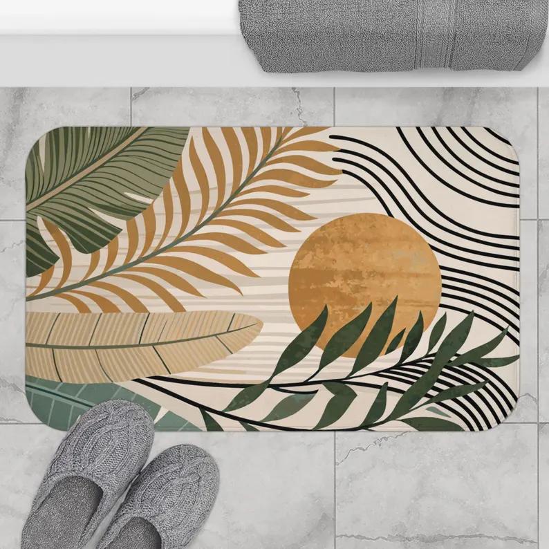 Boho Tropical Sun Palm Leaf Door Mat Modern Botanical Abstract  Absorbent Floor Carpet Soft Non-Slip Decor Entryway Rug