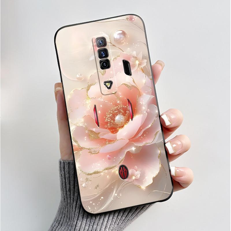 Pattern Case For ZTE Nubia RedMagic 7 5G Funda For Nubia RedMagic 7S 5G Soft Silicone Black Shell Cute Flower Cartoon Capa Cover