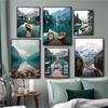 Scandinavian Natural Landscape Wall Art Poster Mountain Lake Boat Print Oil Painting Modern