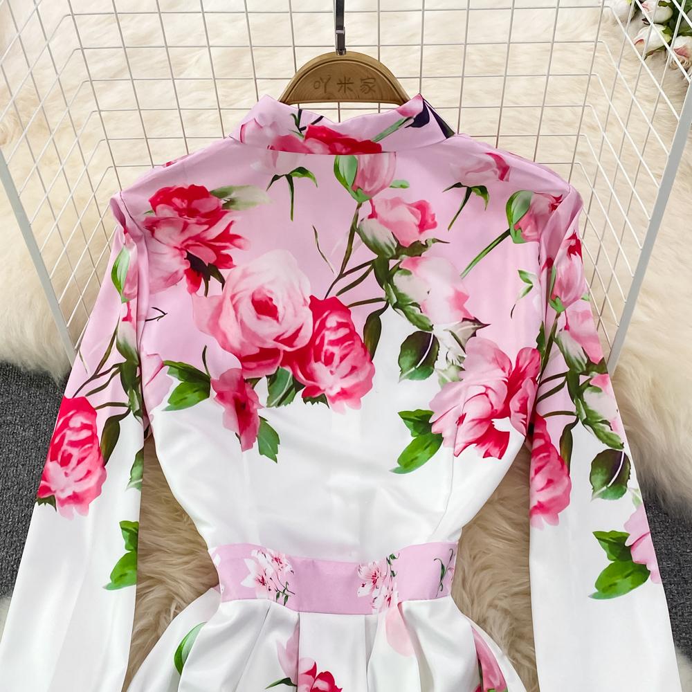 Весеннее европейское и американское модное платье трапециевидной формы с отворотом на талии и принтом, элегантное длинное платье с длинными рукавами