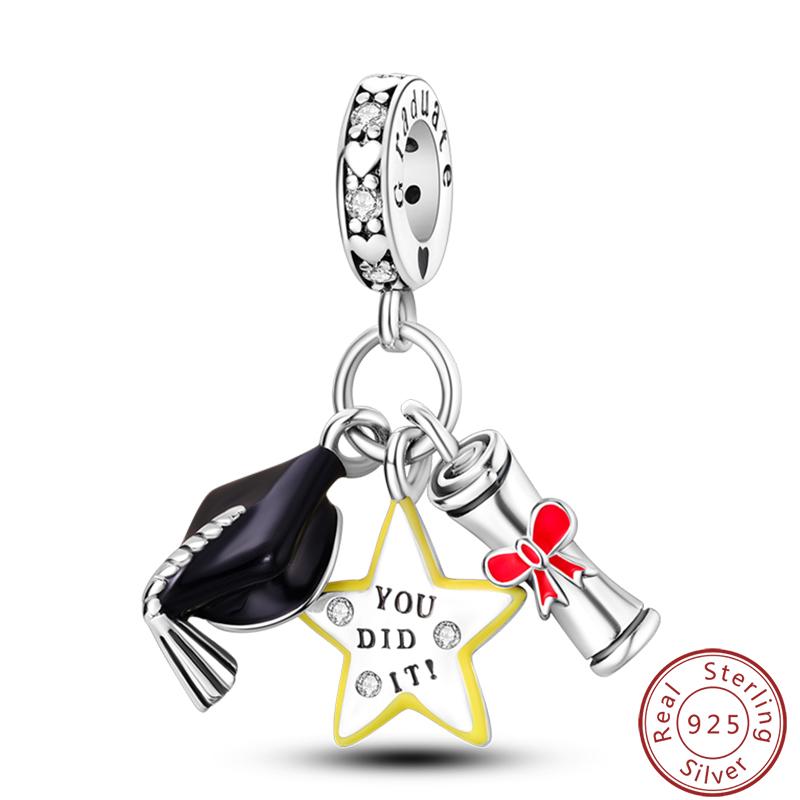 Выпускной Серия 925 Чистого Серебра Шляпа Бакалавра Сертификат Цветы Шармы Бусины Подходит Pandora Оригинальные Браслеты DIY Ювелирные Изделия