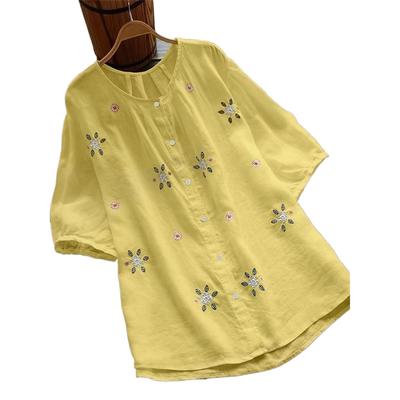 Летняя рубашка с круглым вырезом, белая, желтая, синяя с цветочной вышивкой, женские повседневные свободные блузки на пуговицах