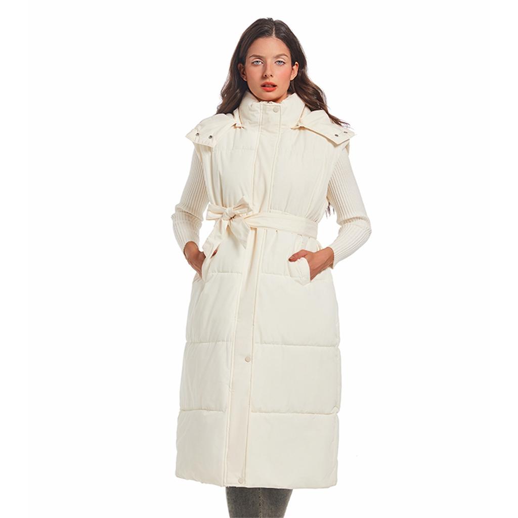 Женские длинные пуховые жилеты без рукавов с капюшоном на молнии с поясом, стеганое пальто с подкладкой, верхняя одежда