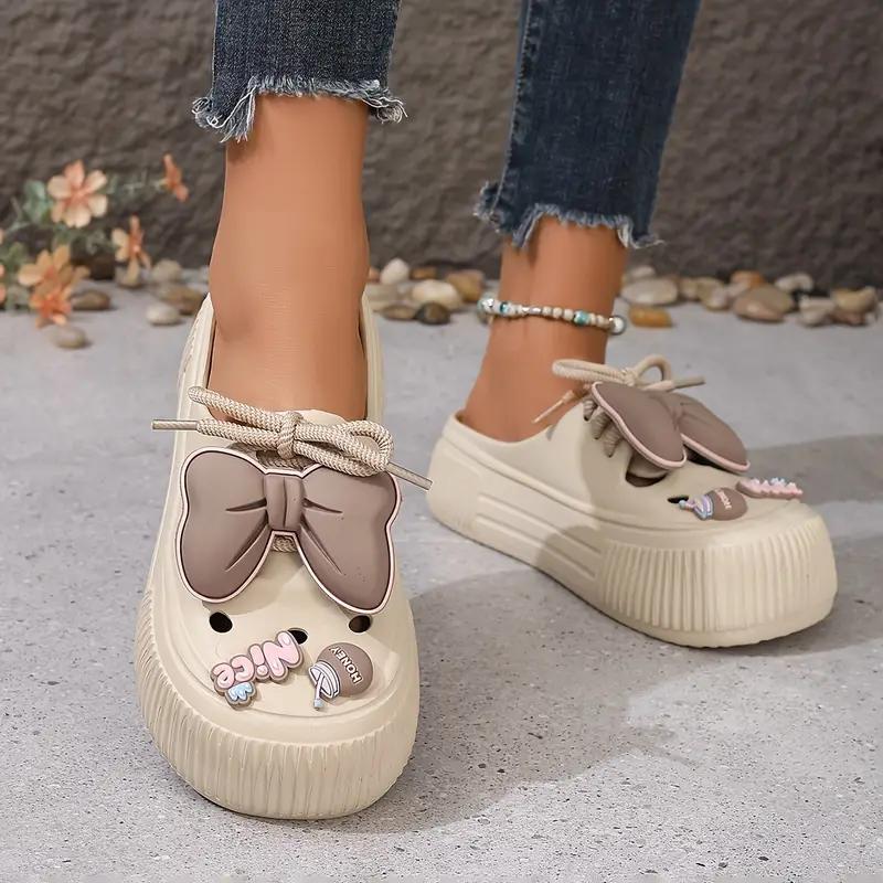 Cute Bow Hollow Slippers for Women, Summer Thick-Soled Platform Slippers, Indoor Outdoor Round Toe Slippers