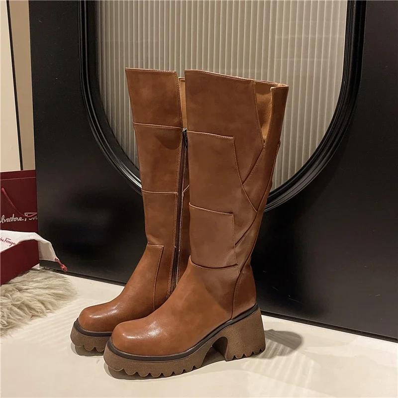 Сапоги на платформе до колена, женские туфли на высоком каблуке, челси, массивные, тренд 2024 года, зимние новые сапоги для снега, теплые кожаные туфли-лодочки Zapatos Mujer