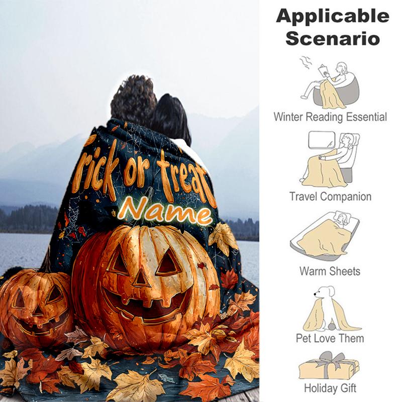 1PC Custom Name Halloween Pumpkin Night outdooor Flannel blankets Throw Blanket All-Season Throw Gift Bedspread for Couch, Bed, Camping Holiday Birthd