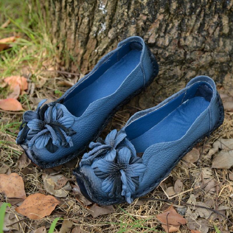 Retro Shoes Platform Flats Women's Floral Ballet Shoes Ladies Real Leather Loafers Woman Lug Sole Shockproof Moccasins Blue Shoe