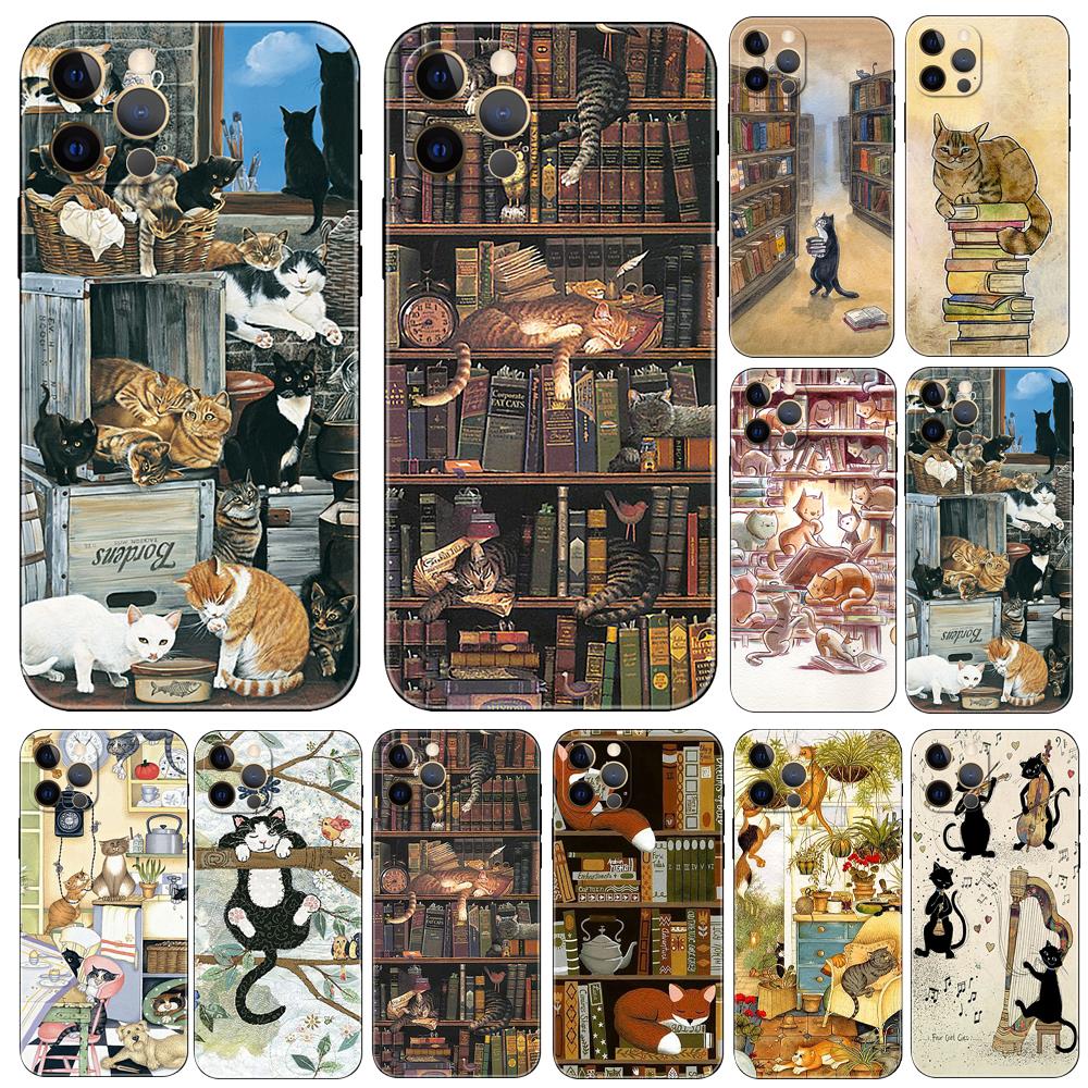 Чехол для телефона cats and the library tree для iPhone 5 5s 2020se 6 6s 7 8 plus x 10 XR XS 11 12 13 mini pro MAX черная задняя крышка из ТПУ