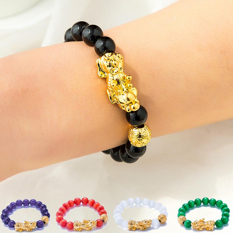 Agate Couple Pixiu Bracelet Sand Gold Men's Bracelet Gold-plated Beaded Bracelet for Men and Women