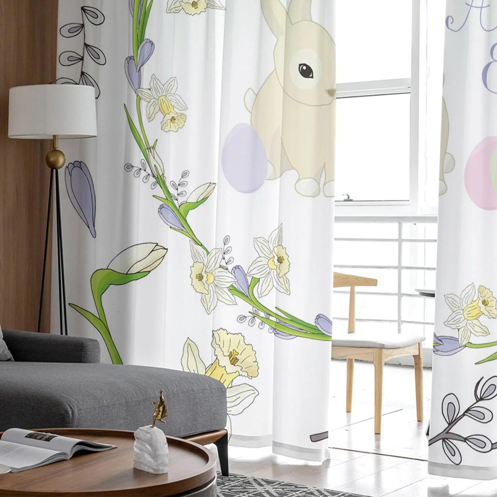 Wreath Willow Rabbit Egg Tulle Curtains for Living Room Kitchen Bedroom Sheer Tulle for Cafe Hotel Modern Home Decor