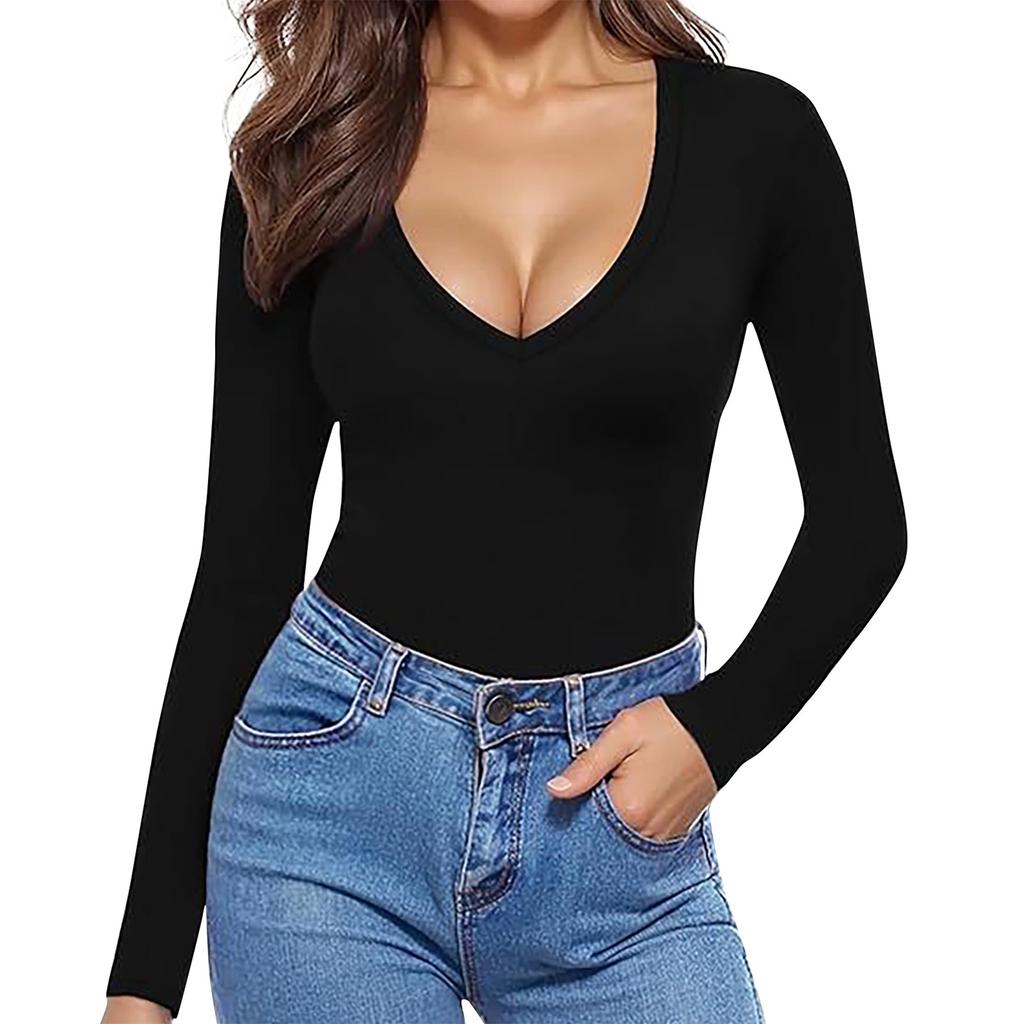 Женская модная повседневная футболка с глубоким V-образным вырезом и длинным рукавом, однотонная